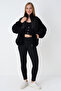 Women's Black Zippered Plush Pocket Long Sleeve Cardigan - 5