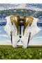 Studded boys' football shoes with sock-style collar for turf, white-gold color. - 6