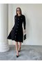 Women's Black Stylish Gold Button Detailed Elegant Long Sleeve Knitwear Dress