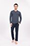 Men's Navy Blue Design V-Neck Long Sleeve Cotton Pajama Set - 3