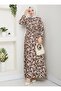 Leaf Patterned Viscose Dress - Brown -