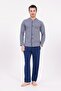 Men's Navy Blue Buttoned Design Long Sleeve Cotton Pajama Set - 6