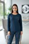 Navy Blue Abstract Floral Pattern Long Sleeve Bamboo Knitted Women's Pajama Set - 5