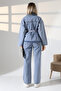 Ensade Belted Women's Denim Jeans Set – Oversized Jacket & High Waist Trousers Light Blue - 5
