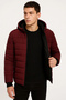Men's Inflatable Hooded Zippered Coat Water Repellent Quilted Lined with Pockets - Claret Red