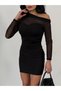 Women's Black Tulle and Drape Detailed Mini Dress Hzl25W-Fry123681 - 2