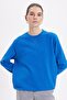 Women's Oversized Wide Cut 100% Cotton 3 Thread Basic Navy Blue Crew Neck Sweatshirt - 2