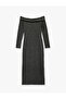 Long Sleeve Slim Fit Boat Neck Off-The-Shoulder Pencil Dress - 3