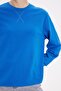 Women's Oversized Wide Cut 100% Cotton 3 Thread Basic Navy Blue Crew Neck Sweatshirt - 3