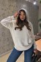 Hooded Relaxed Fit Long Women's Ecru Kangaroo Pocket Crystal Stone Three Thread Sweatshirt - 5