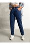 Dark Blue High Waist Double Button Waistband Drawstrain Mom Jeans - 6