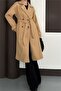 Women's Tan Belted Shoulder Detail Cashmere Coat Rykbn01 - 4