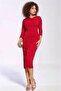 Women's Plus Size Asymmetrical Neckline Front Gathered Long Sleeve Red Stylish Curve Evening Dress - 3