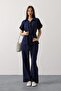 Women's Navy Blue Belted Pocket Detailed Trouser Set Vs00593