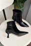 Women's Fairy Black Buckle 7cm Heeled Pointed Toe Zippered Boots