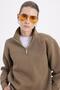 Women's Relax Fit Comfortable Cut Cotton Fleece Lined Half Zipper Khaki Stand Collar Sweatshirt