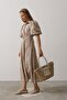 Women's Stone Balloon Sleeve Belted Embroidered Dress Vs00522 - 3
