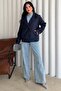 Women's Navy Blue Double-Breasted Collar Double Pocket Buttoned Lined Coat Vs01632 - 2
