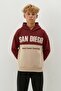 Boy's Hooded Piece Sweatshirt with Print Detail - Claret Red/Beige