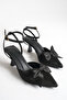 Black Satin Bow Heeled Women's Shoes Pointed Toe
