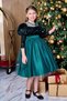 Girl's Boat Neck Sheer Tulle and Velvet Sequin Detail on the Bust Fluffy Balloon Sleeve Green Evening Dress - 3