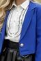 Girl's Diamond Stone Flared Shirt Navy Blue Blazer Jacket Stone Detailed Leather Skirt Set - 5