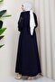 Lace-Up Embroidered Sleeve Abaya Navy Blue HM2854 - 5