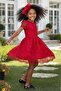 Girls' Red Glittery Formal Dress with Lace Embroidery and Lined Interior - 3