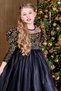 Girl's Boat Neck Sheer Tulle and Velvet Sequin Detail on the Bust Fluffy Balloon Sleeve Black Evening Dress - 5