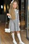 Girl's Dress with Ruffled Collar and Sleeves, Button-Down Front and Gray-Black Plaid Detail - 4