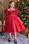 Girl's Boat Neck Sheer Tulle and Velvet Sequin Detail on the Bust Fluffy Balloon Sleeve Red Evening Dress