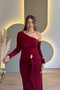 One-Shoulder Ruffled Burgundy Dress with Detachable Accessory Detail