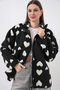 55446 Zippered Oversized Plush Jacket Coat - Black - 3