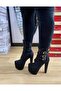 Women's Black Suede Buckle Lace Up Platform Thick High Heel Half Boots Stylish Half Boots - 5