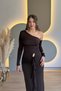 One Shoulder Ruffle Detail Brown Dress with Detachable Accessory Detail