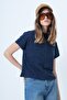 Women's Navy Blue Stand Collar Half Sleeve Knit Blouse Alc-X14628 - 3