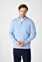 Romulo Male Baby Blue Cotton Italian F Corded Fabric Half Zippered D Mock Neck Regular Fit Sweater