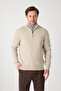 Romulo Men's Beige Cotton Italian F Corded Fabric Half Zip D Mock Neck Regular Fit Sweater