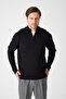 Romulo Men's Black Cotton Italian F Corded Fabric Half Zip D Mock Neck Regular Fit Sweater - 2