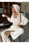 Women's Ecru Cropped Hooded Sweatshirt and High-Waisted Bottom Set – Metal Eyelet Detail Two-Piece Set