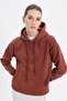 Women's Oversized Wide Cut Cotton Soft Textured Fleece Inside Basic Brown K Hooded Sweatshirt - 5