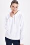 Women's Oversized Wide Cut Cotton Soft Textured Fleece Inside Basic White K Hooded Sweatshirt - 2
