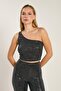 Women's One Shoulder Glitter Blouse - Black - 2