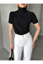 Women's Black Mock Neck Shirred Short Sleeve Sandy Fabric Blouse - 4