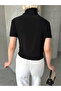 Women's Black Mock Neck Shirred Short Sleeve Sandy Fabric Blouse - 6