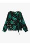 Ethnic Floral Print Long Sleeve Shawl Collar Satin Blouse - 3