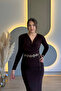 Degaje Yaka Shoulder Pad Piece Brown Midi Dress with Gold Belt