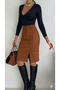 Women's Tan Color Suede Fabric Slit Midi Skirt Length 65 cm - 2