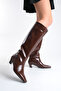Brown Shiny Leather Women's Boots Mini Short Thick Heeled Below Knee Square Toe Non-Slip Sole Angel - 6
