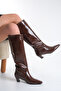 Brown Shiny Leather Women's Boots Mini Short Thick Heeled Below Knee Square Toe Non-Slip Sole Angel - 4